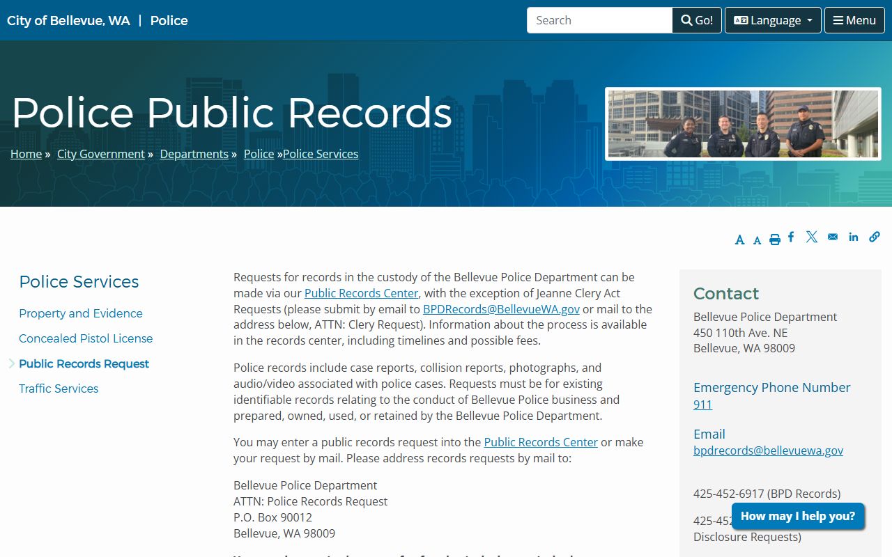 Bellevue people search police records page