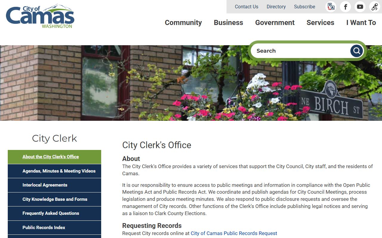 Camas people search city clerk page