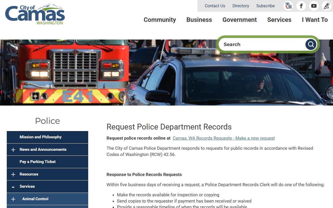 Camas people search police records request portal