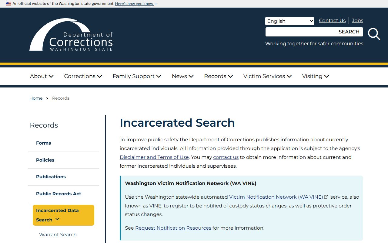 Washington DOC incarcerated people search results table