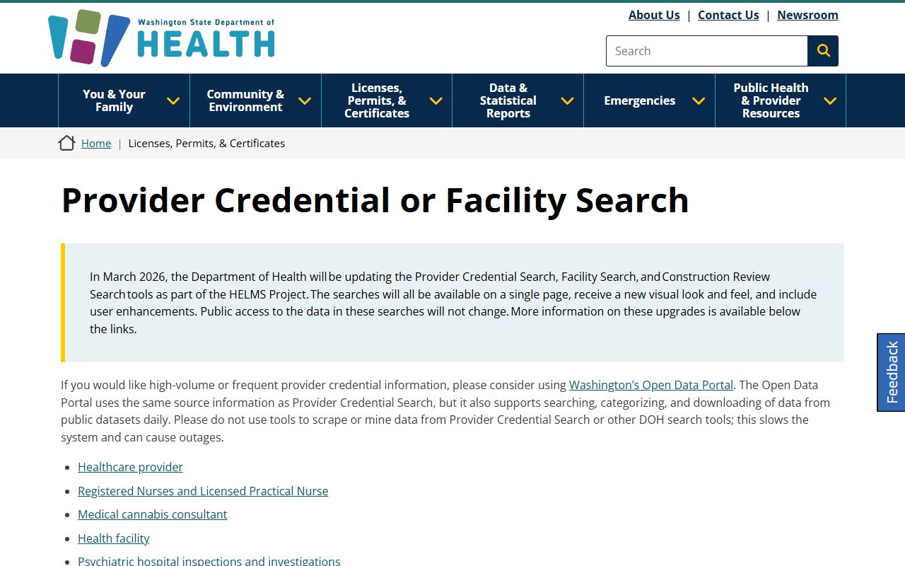 Washington DOH provider credential people search form