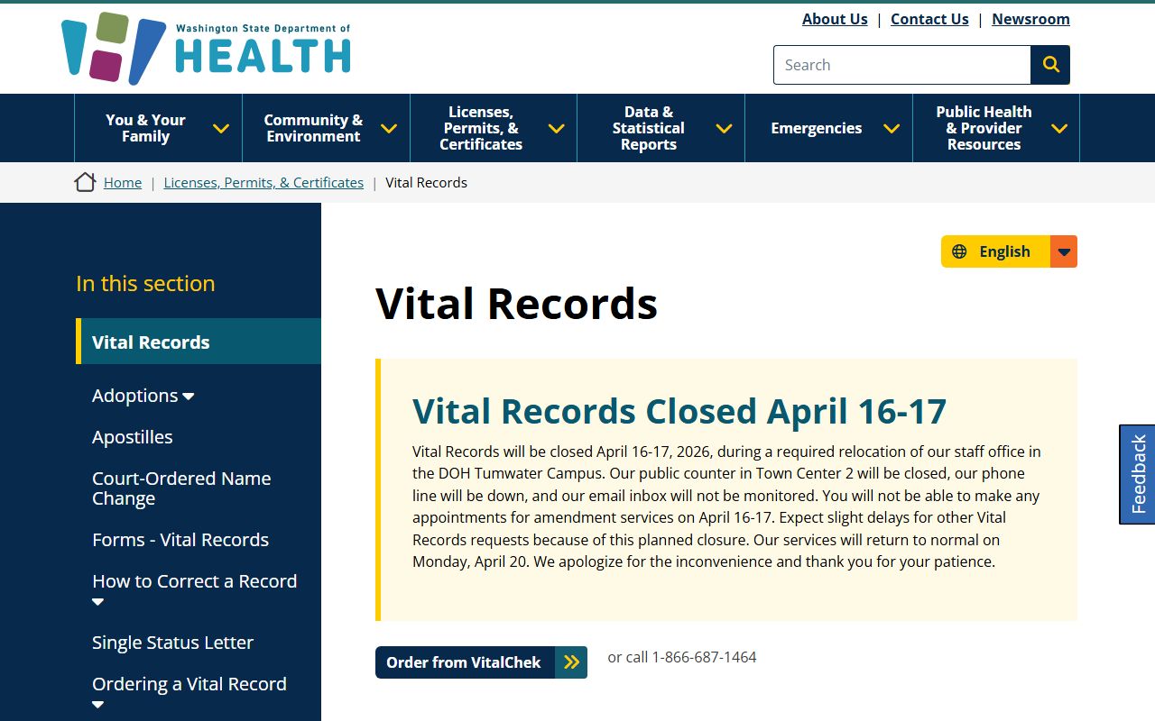 Washington DOH vital records ordering people search page