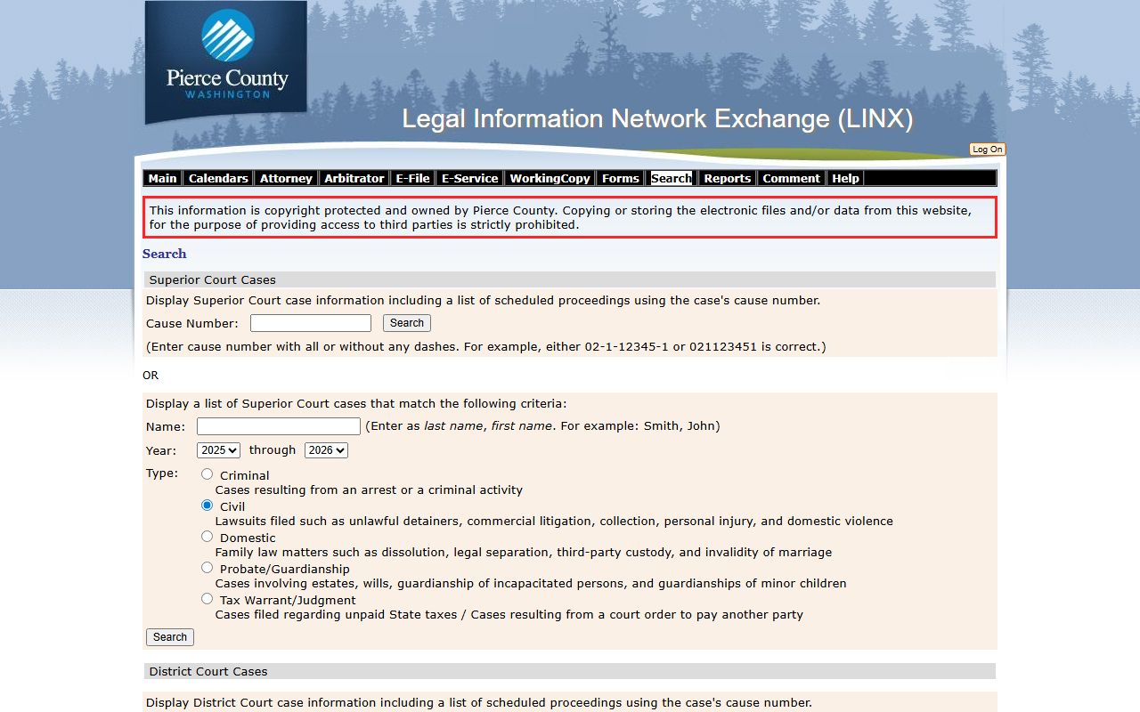 Pierce County LINX Superior Court people search form