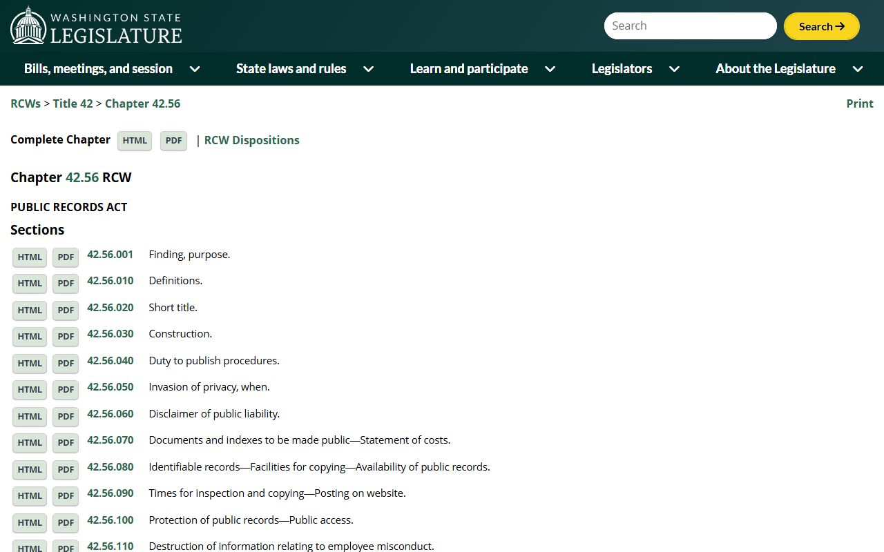Washington RCW Chapter 42.56 Public Records Act people search
