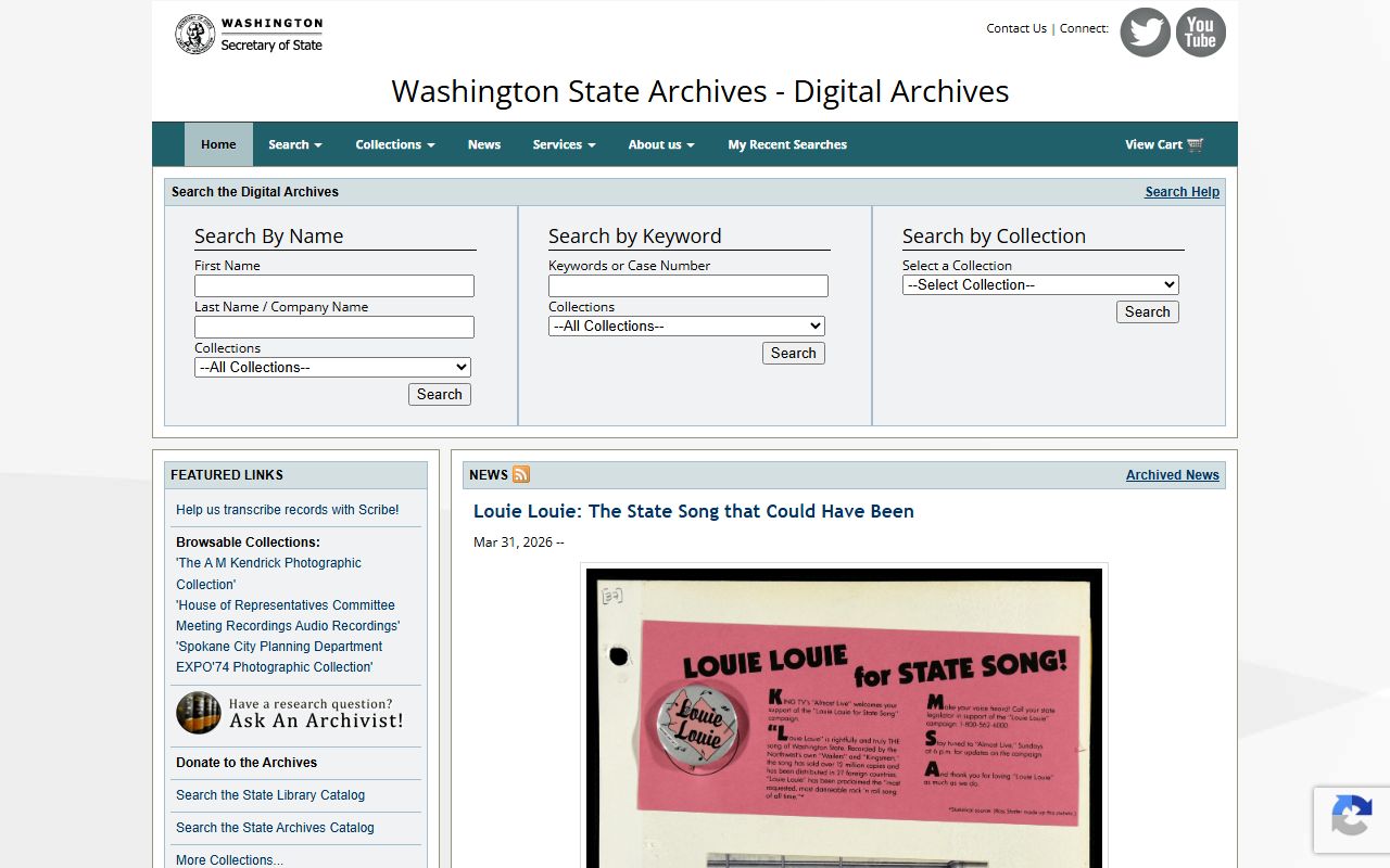 Washington State Digital Archives people search collection page