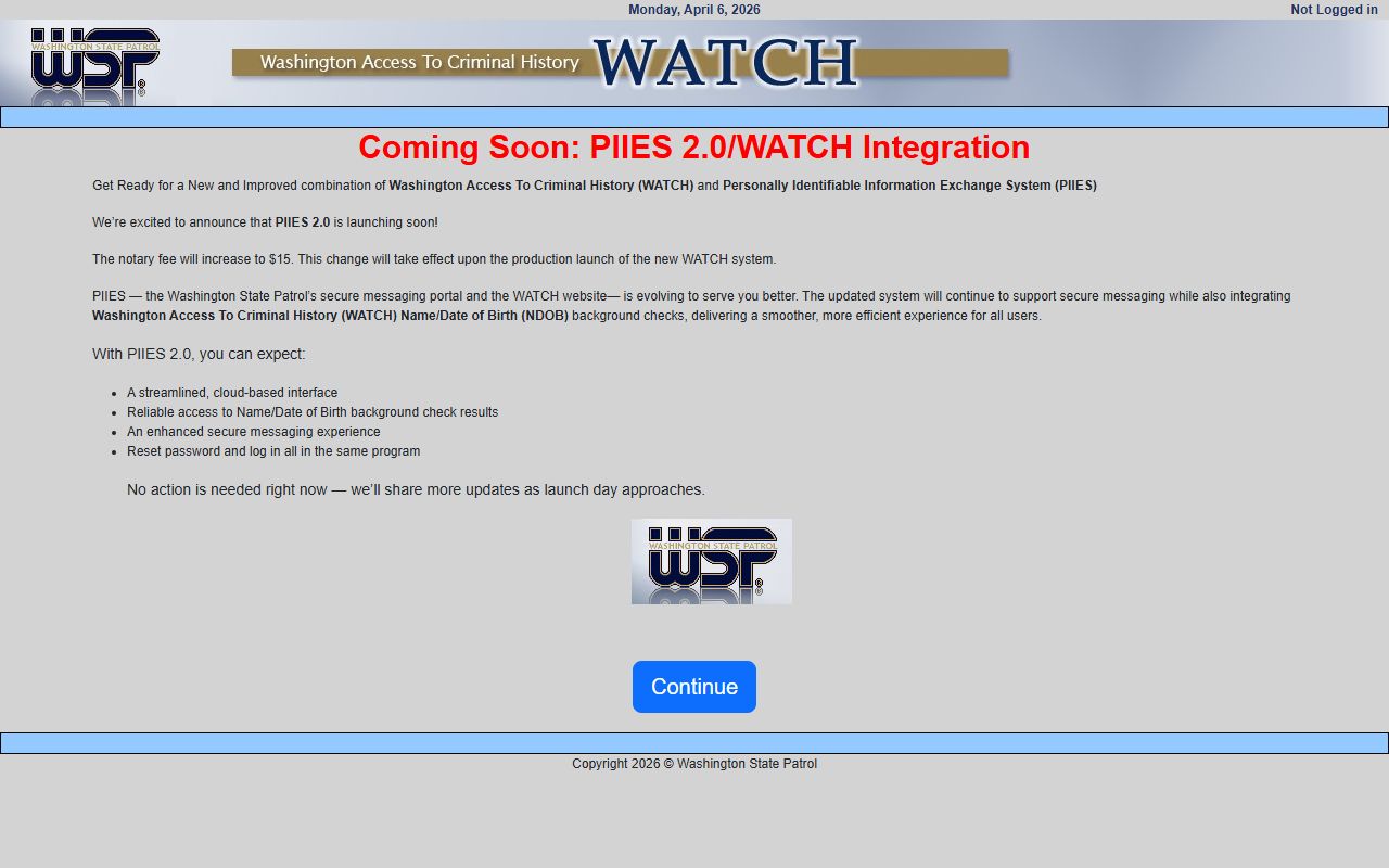 Washington WATCH online criminal history people search login page